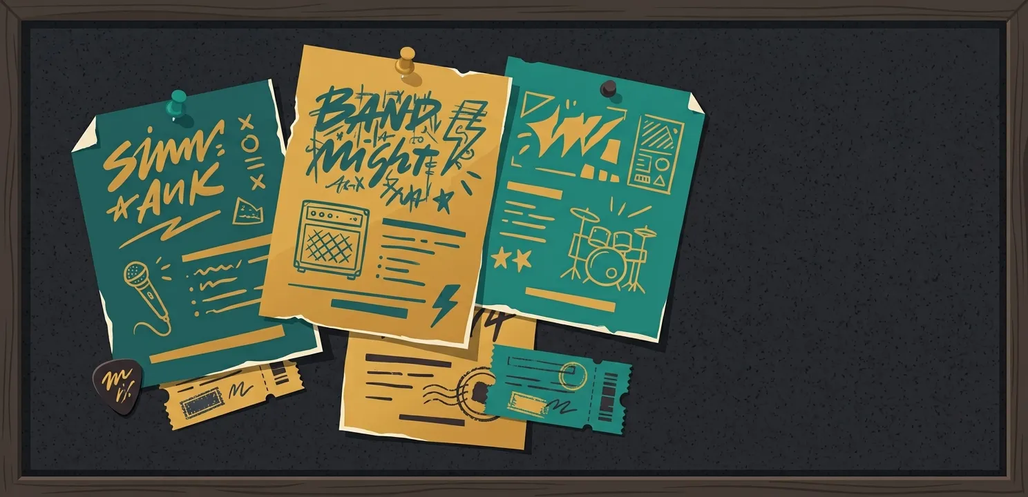 A corkboard of gig flyers, representing GigBoard's local gig listings
