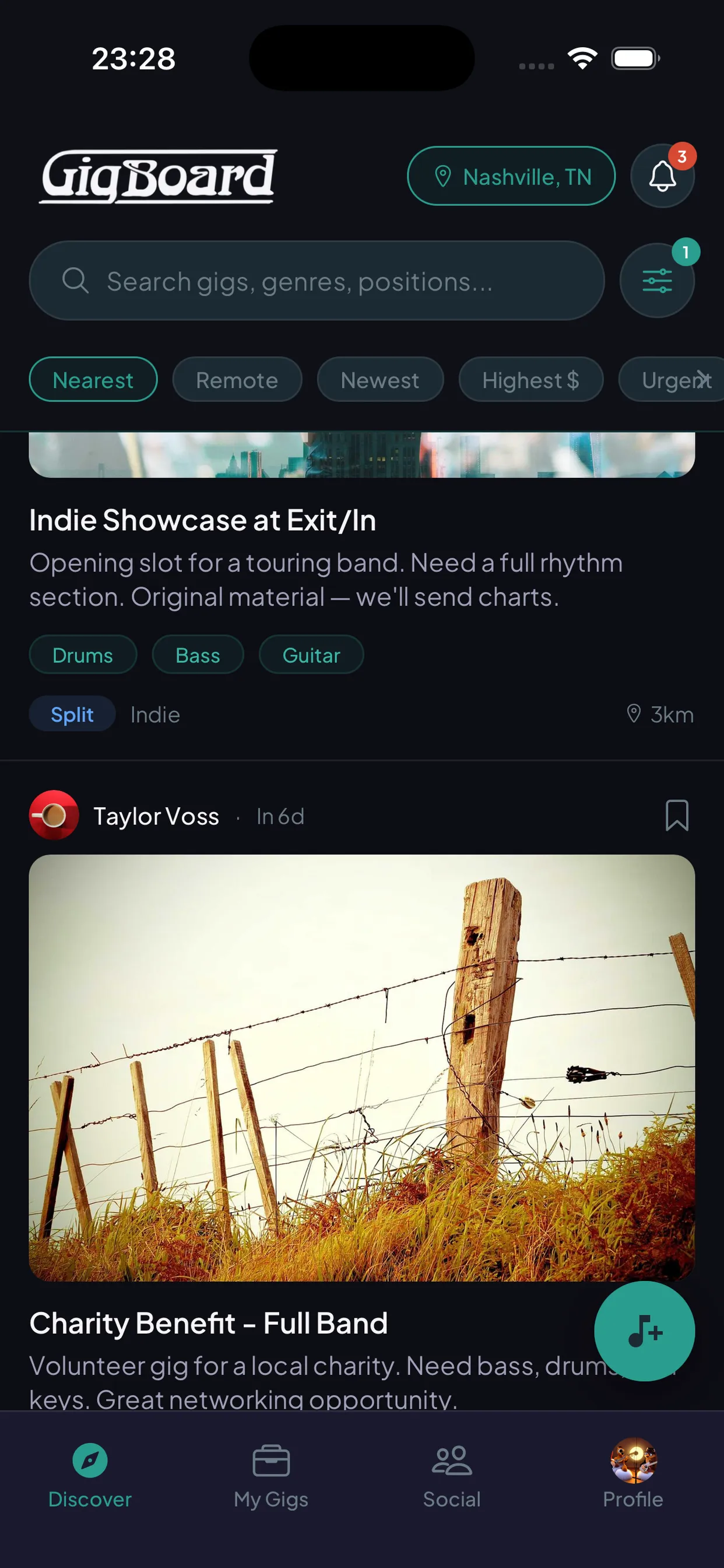 GigBoard app showing local paid gig listings