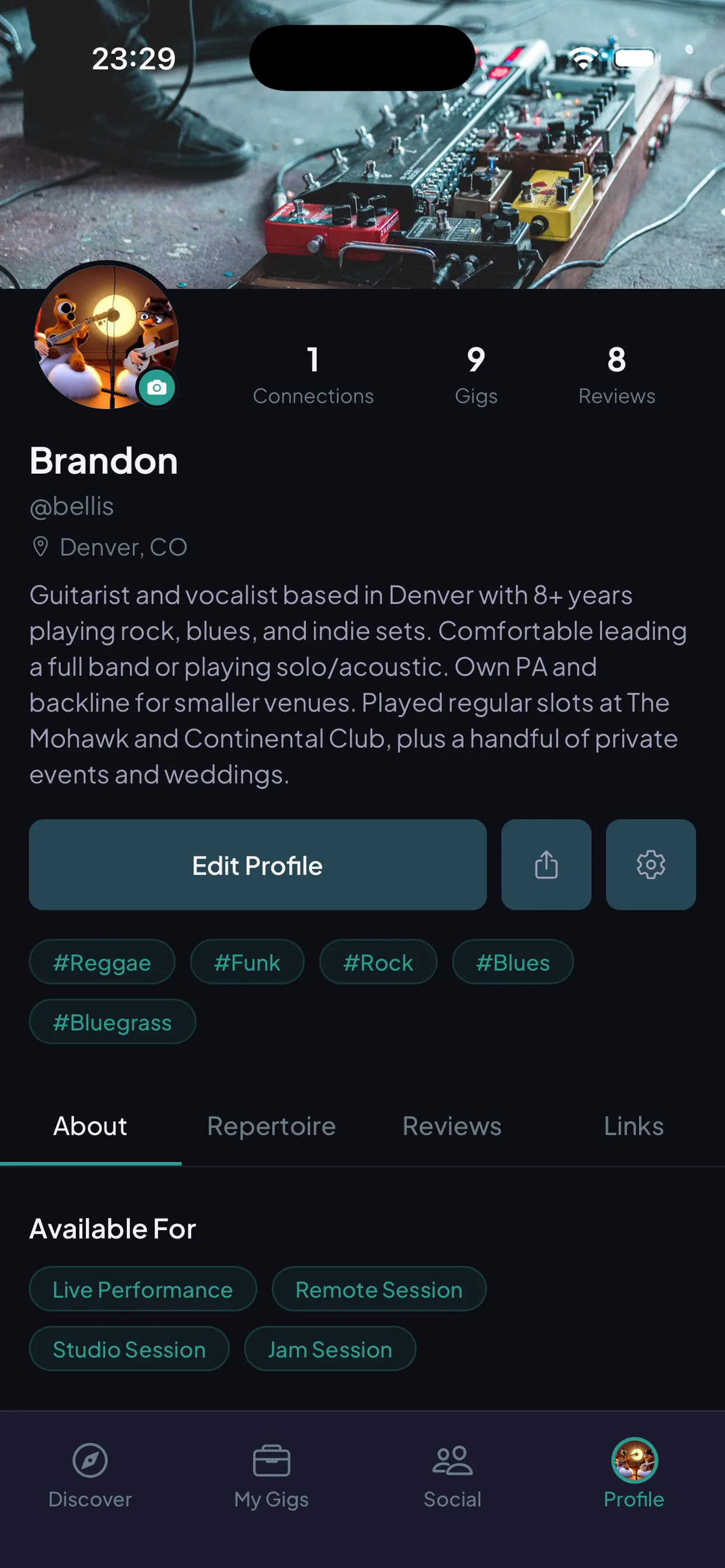 GigBoard musician profile with performance video, instruments, and gear list